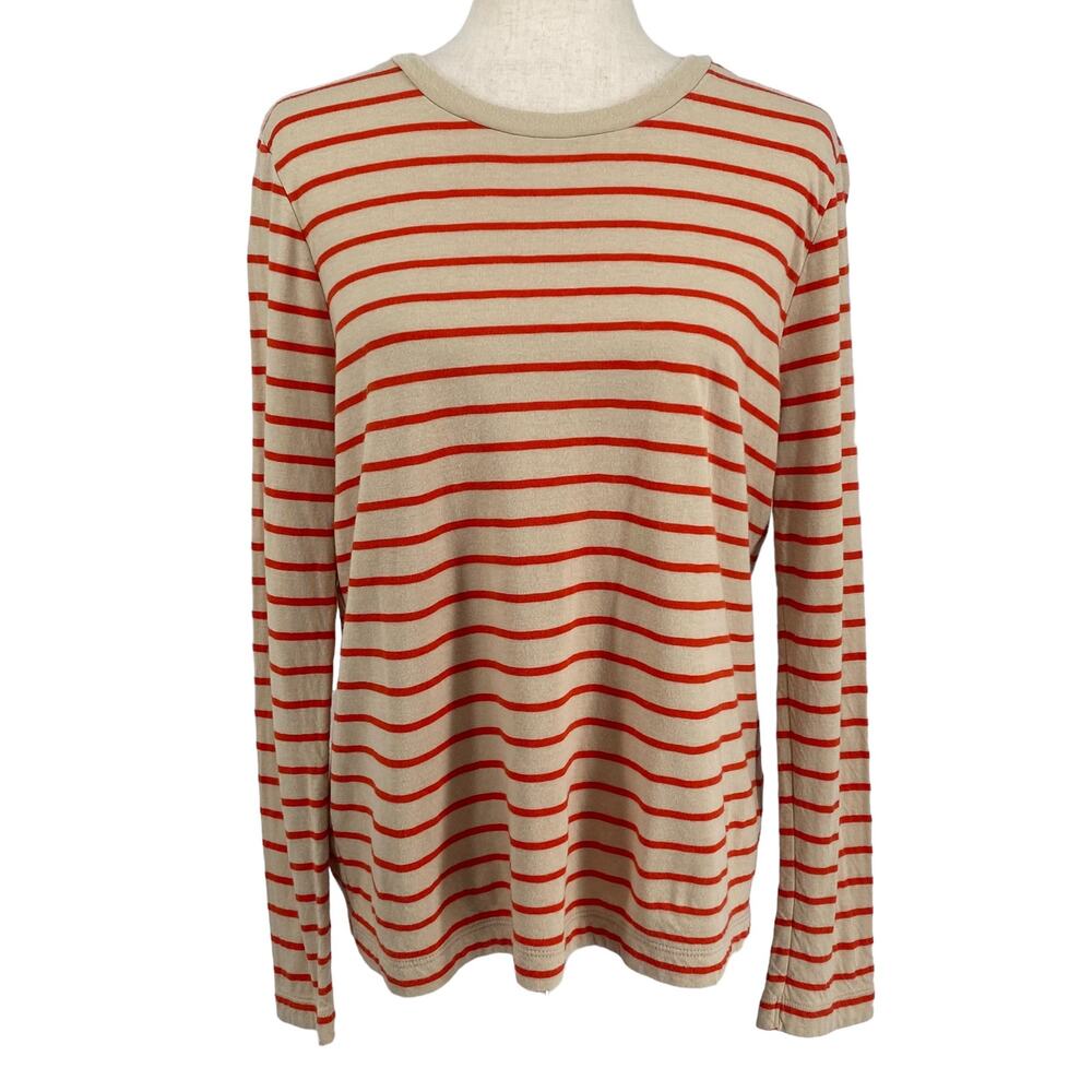 Faherty Cloud‎ Long Sleeve Crew Neck Tee L Spicy Orange Stripe Tan Pima Cotton